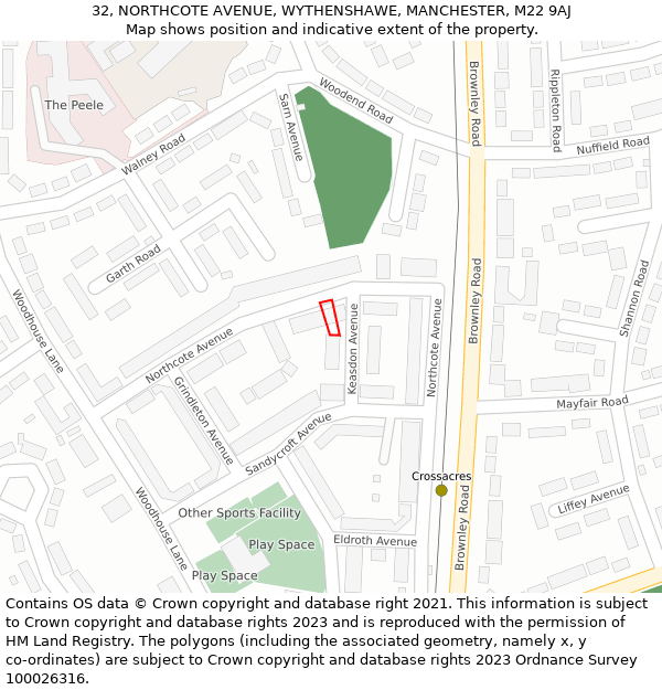 32, NORTHCOTE AVENUE, WYTHENSHAWE, MANCHESTER, M22 9AJ: Location map and indicative extent of plot