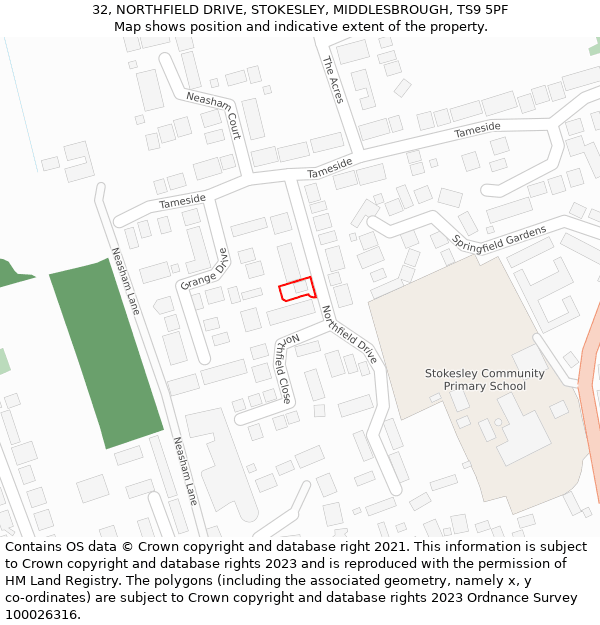 32, NORTHFIELD DRIVE, STOKESLEY, MIDDLESBROUGH, TS9 5PF: Location map and indicative extent of plot