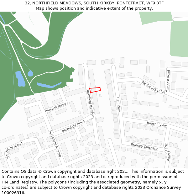 32, NORTHFIELD MEADOWS, SOUTH KIRKBY, PONTEFRACT, WF9 3TF: Location map and indicative extent of plot