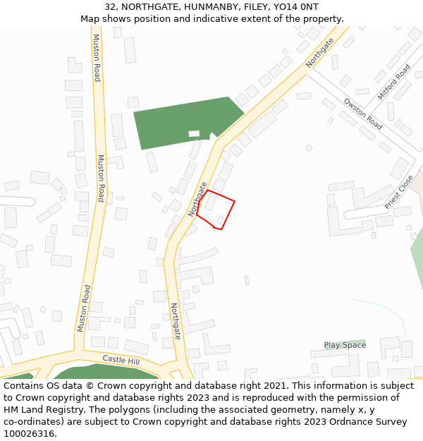 32, NORTHGATE, HUNMANBY, FILEY, YO14 0NT: Location map and indicative extent of plot