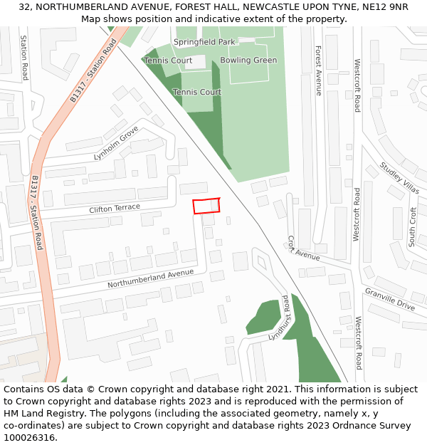 32, NORTHUMBERLAND AVENUE, FOREST HALL, NEWCASTLE UPON TYNE, NE12 9NR: Location map and indicative extent of plot