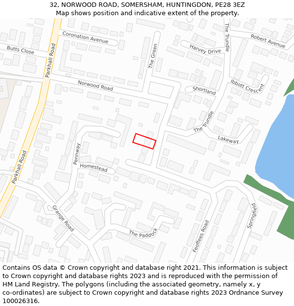 32, NORWOOD ROAD, SOMERSHAM, HUNTINGDON, PE28 3EZ: Location map and indicative extent of plot