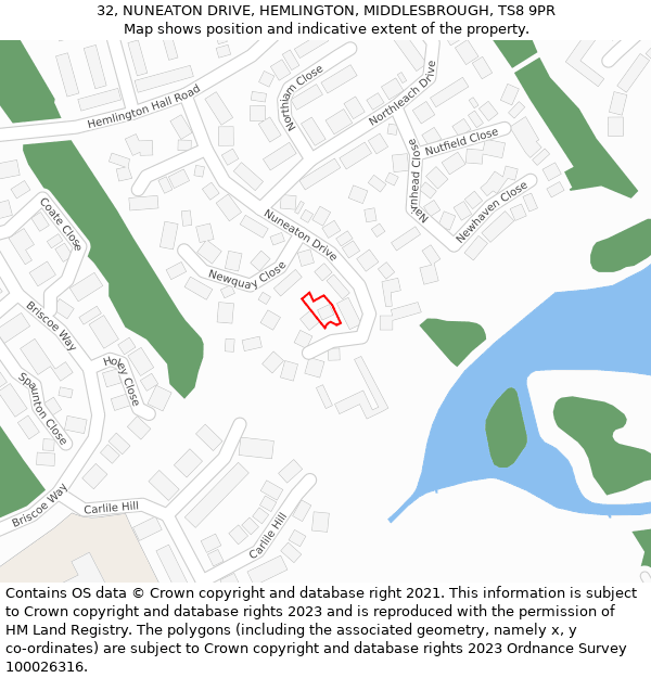 32, NUNEATON DRIVE, HEMLINGTON, MIDDLESBROUGH, TS8 9PR: Location map and indicative extent of plot