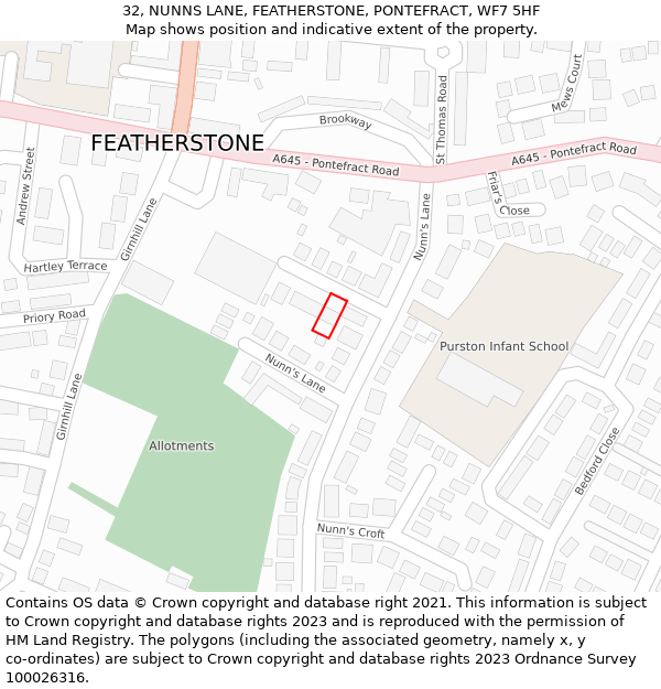 32, NUNNS LANE, FEATHERSTONE, PONTEFRACT, WF7 5HF: Location map and indicative extent of plot