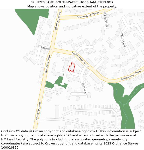 32, NYES LANE, SOUTHWATER, HORSHAM, RH13 9GP: Location map and indicative extent of plot