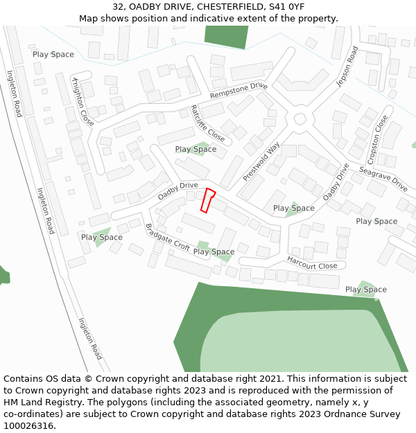 32, OADBY DRIVE, CHESTERFIELD, S41 0YF: Location map and indicative extent of plot