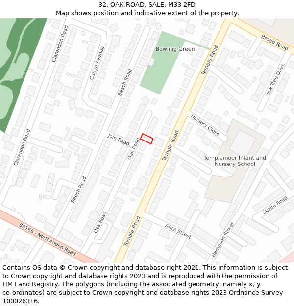 32, OAK ROAD, SALE, M33 2FD: Location map and indicative extent of plot