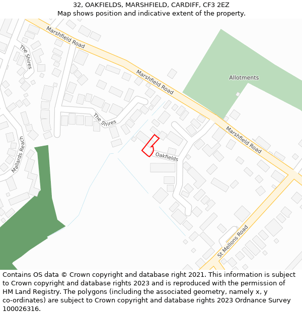 32, OAKFIELDS, MARSHFIELD, CARDIFF, CF3 2EZ: Location map and indicative extent of plot