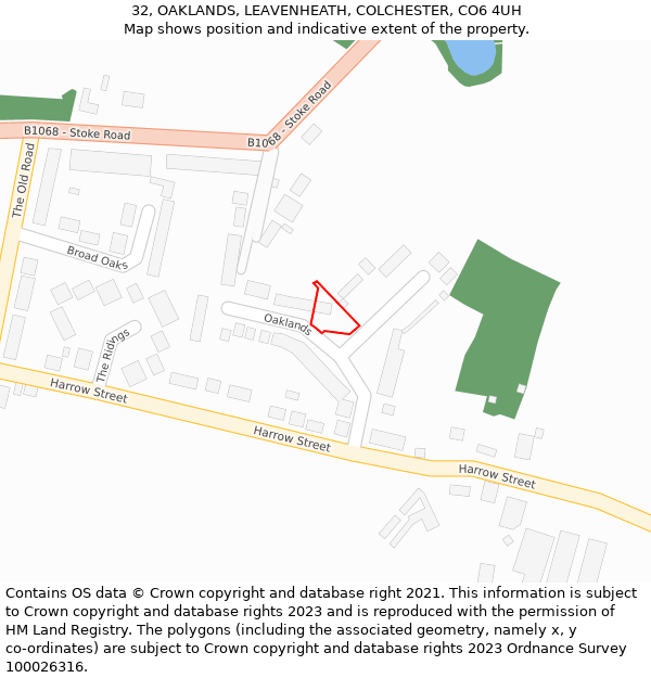 32, OAKLANDS, LEAVENHEATH, COLCHESTER, CO6 4UH: Location map and indicative extent of plot