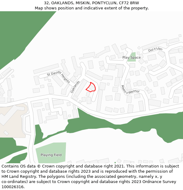 32, OAKLANDS, MISKIN, PONTYCLUN, CF72 8RW: Location map and indicative extent of plot