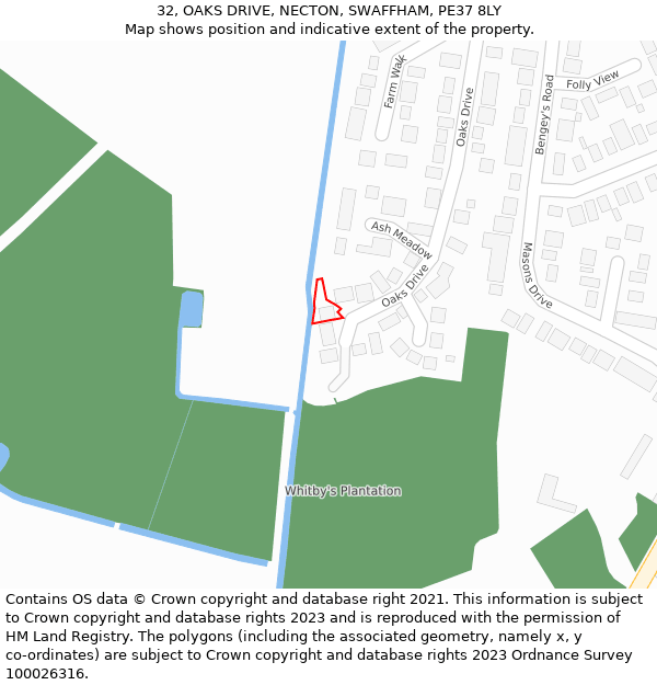 32, OAKS DRIVE, NECTON, SWAFFHAM, PE37 8LY: Location map and indicative extent of plot