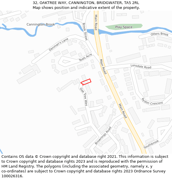 32, OAKTREE WAY, CANNINGTON, BRIDGWATER, TA5 2RL: Location map and indicative extent of plot