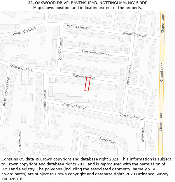 32, OAKWOOD DRIVE, RAVENSHEAD, NOTTINGHAM, NG15 9DP: Location map and indicative extent of plot