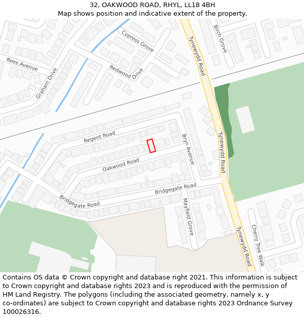 32, OAKWOOD ROAD, RHYL, LL18 4BH: Location map and indicative extent of plot