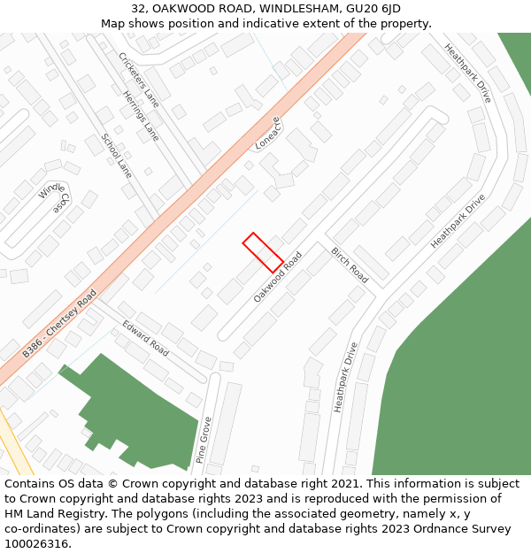 32, OAKWOOD ROAD, WINDLESHAM, GU20 6JD: Location map and indicative extent of plot