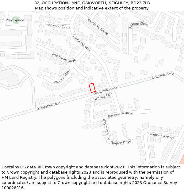 32, OCCUPATION LANE, OAKWORTH, KEIGHLEY, BD22 7LB: Location map and indicative extent of plot