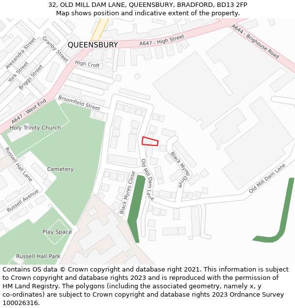 32, OLD MILL DAM LANE, QUEENSBURY, BRADFORD, BD13 2FP: Location map and indicative extent of plot