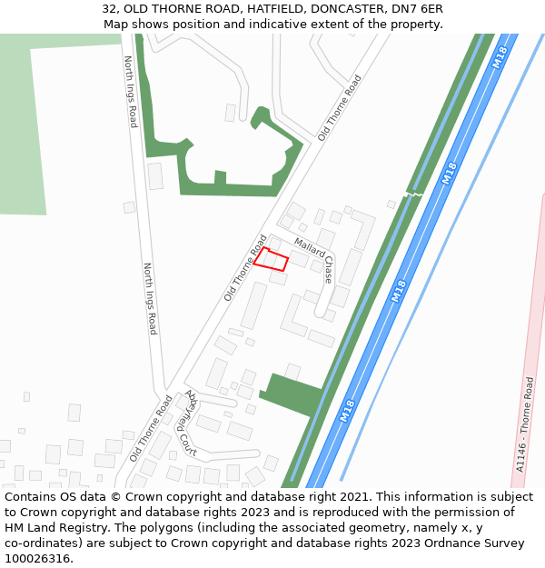 32, OLD THORNE ROAD, HATFIELD, DONCASTER, DN7 6ER: Location map and indicative extent of plot