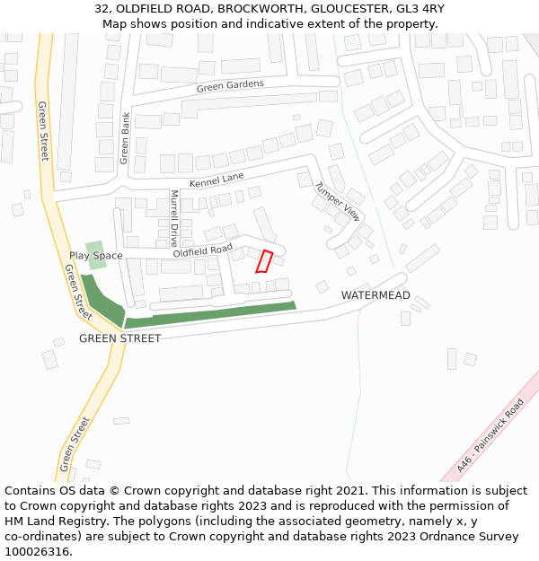 32, OLDFIELD ROAD, BROCKWORTH, GLOUCESTER, GL3 4RY: Location map and indicative extent of plot