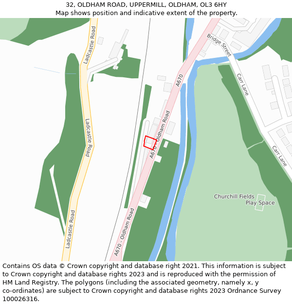 32, OLDHAM ROAD, UPPERMILL, OLDHAM, OL3 6HY: Location map and indicative extent of plot