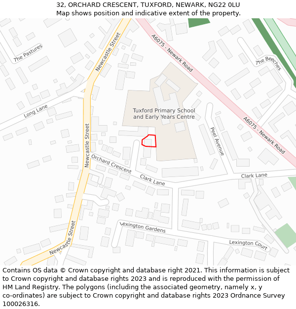 32, ORCHARD CRESCENT, TUXFORD, NEWARK, NG22 0LU: Location map and indicative extent of plot