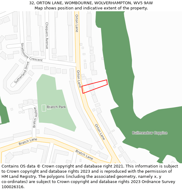32, ORTON LANE, WOMBOURNE, WOLVERHAMPTON, WV5 9AW: Location map and indicative extent of plot