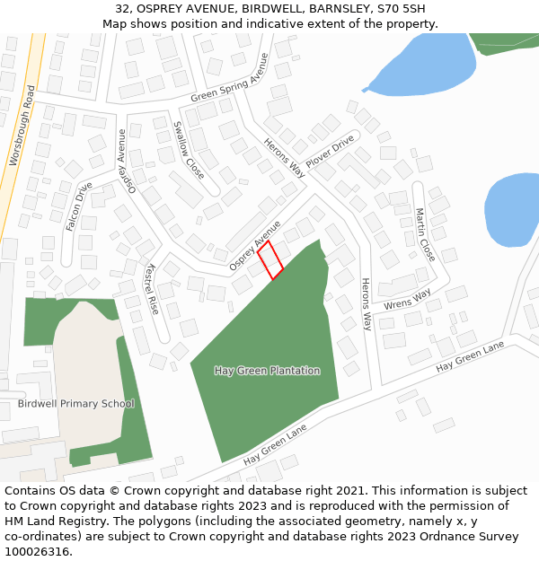 32, OSPREY AVENUE, BIRDWELL, BARNSLEY, S70 5SH: Location map and indicative extent of plot