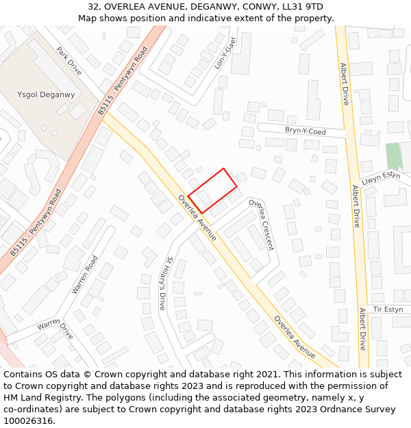 32, OVERLEA AVENUE, DEGANWY, CONWY, LL31 9TD: Location map and indicative extent of plot