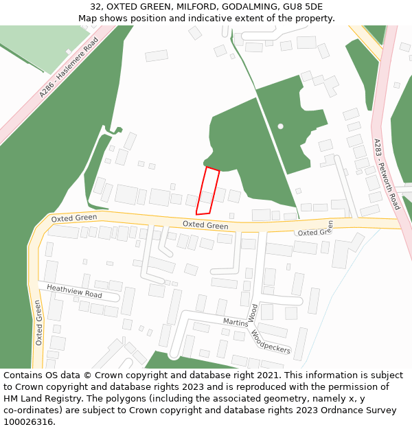 32, OXTED GREEN, MILFORD, GODALMING, GU8 5DE: Location map and indicative extent of plot