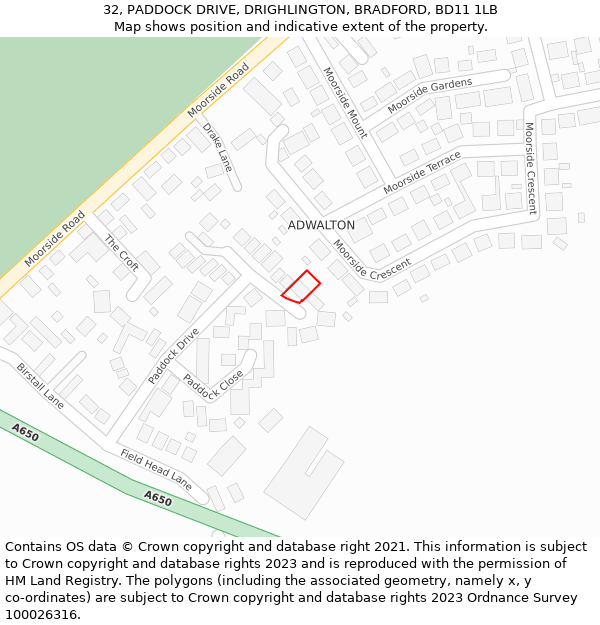 32, PADDOCK DRIVE, DRIGHLINGTON, BRADFORD, BD11 1LB: Location map and indicative extent of plot