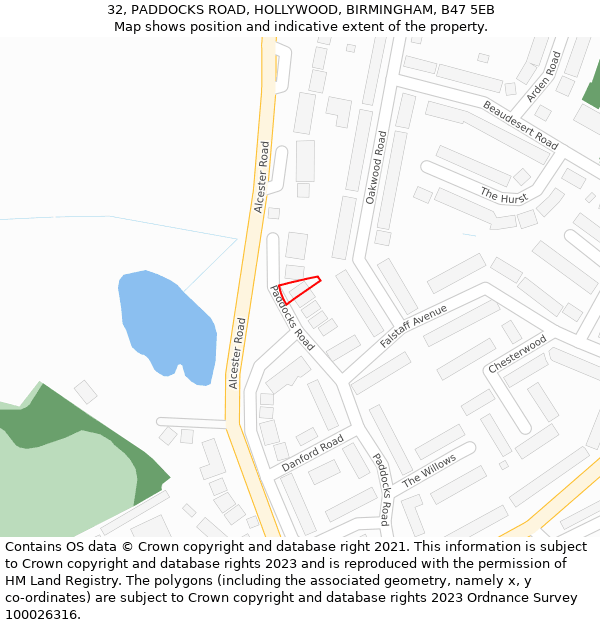 32, PADDOCKS ROAD, HOLLYWOOD, BIRMINGHAM, B47 5EB: Location map and indicative extent of plot