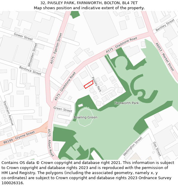32, PAISLEY PARK, FARNWORTH, BOLTON, BL4 7ET: Location map and indicative extent of plot