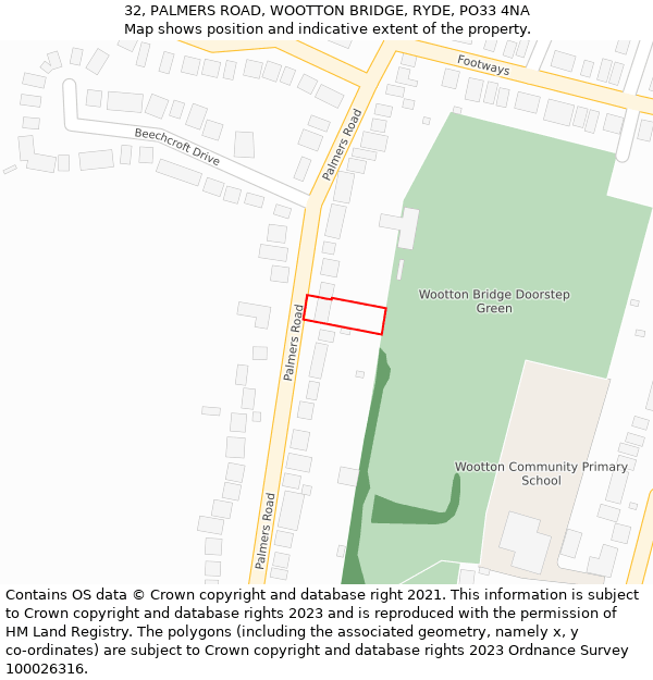 32, PALMERS ROAD, WOOTTON BRIDGE, RYDE, PO33 4NA: Location map and indicative extent of plot
