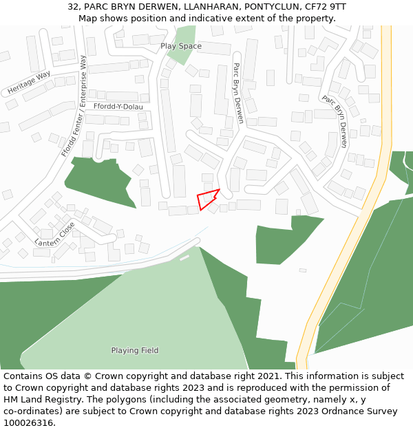 32, PARC BRYN DERWEN, LLANHARAN, PONTYCLUN, CF72 9TT: Location map and indicative extent of plot