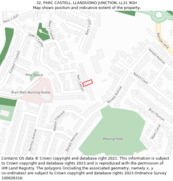 32, PARC CASTELL, LLANDUDNO JUNCTION, LL31 9GH: Location map and indicative extent of plot