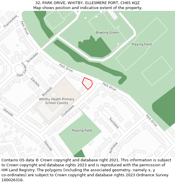 32, PARK DRIVE, WHITBY, ELLESMERE PORT, CH65 6QZ: Location map and indicative extent of plot