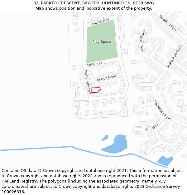 32, PARKER CRESCENT, SAWTRY, HUNTINGDON, PE28 5WG: Location map and indicative extent of plot