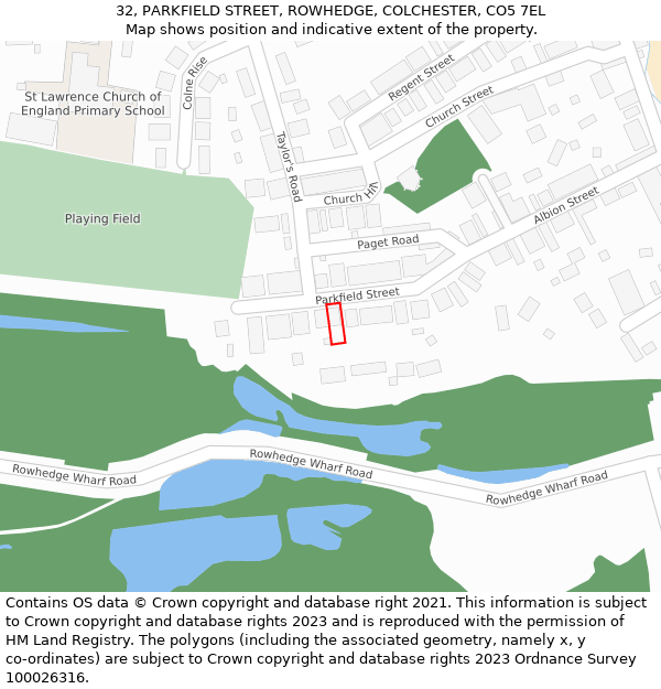 32, PARKFIELD STREET, ROWHEDGE, COLCHESTER, CO5 7EL: Location map and indicative extent of plot