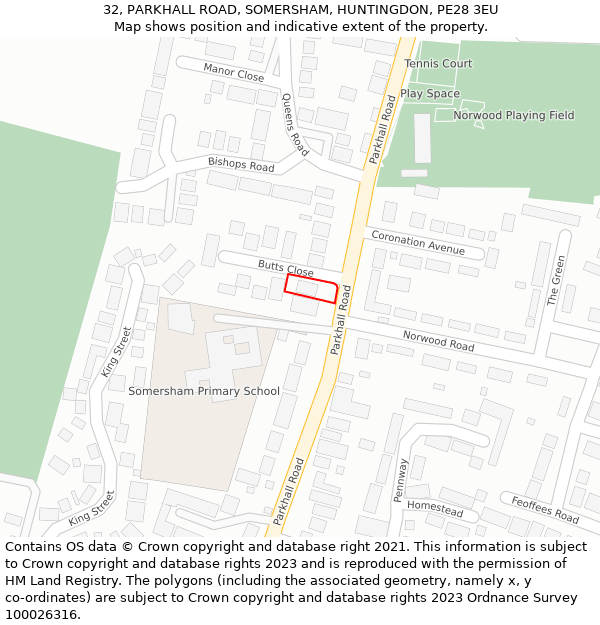 32, PARKHALL ROAD, SOMERSHAM, HUNTINGDON, PE28 3EU: Location map and indicative extent of plot