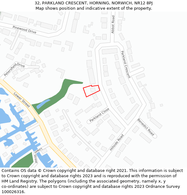 32, PARKLAND CRESCENT, HORNING, NORWICH, NR12 8PJ: Location map and indicative extent of plot