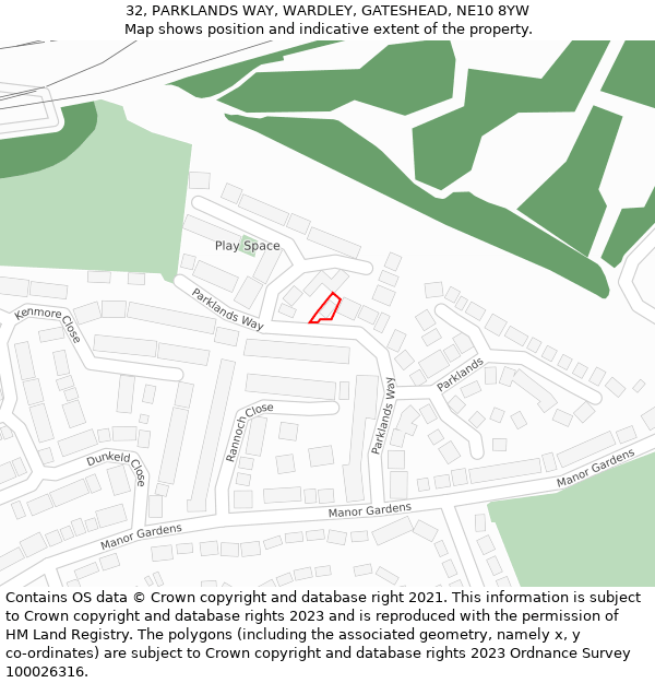 32, PARKLANDS WAY, WARDLEY, GATESHEAD, NE10 8YW: Location map and indicative extent of plot