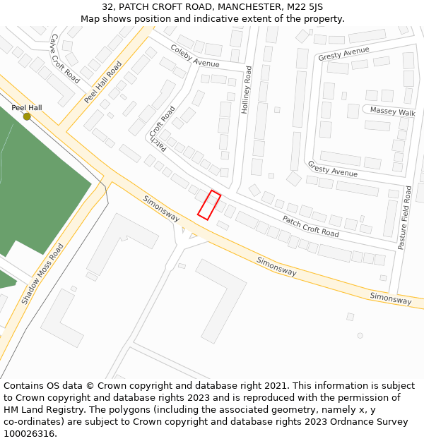 32, PATCH CROFT ROAD, MANCHESTER, M22 5JS: Location map and indicative extent of plot
