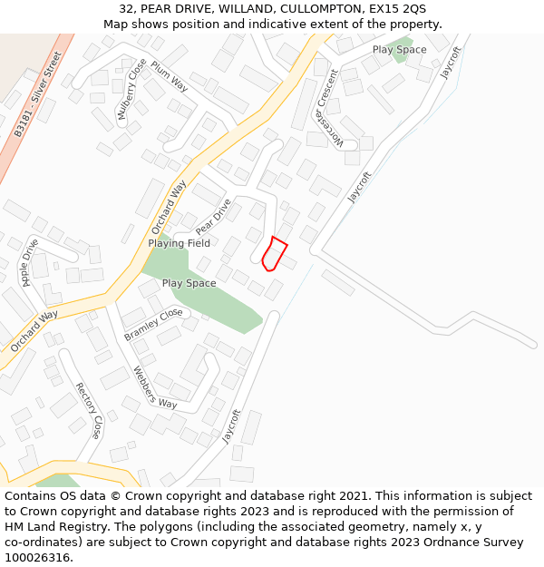 32, PEAR DRIVE, WILLAND, CULLOMPTON, EX15 2QS: Location map and indicative extent of plot