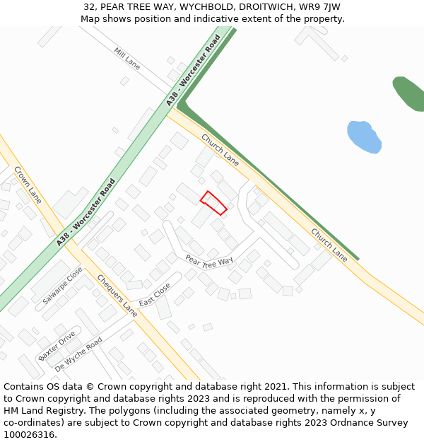 32, PEAR TREE WAY, WYCHBOLD, DROITWICH, WR9 7JW: Location map and indicative extent of plot