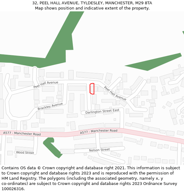 32, PEEL HALL AVENUE, TYLDESLEY, MANCHESTER, M29 8TA: Location map and indicative extent of plot