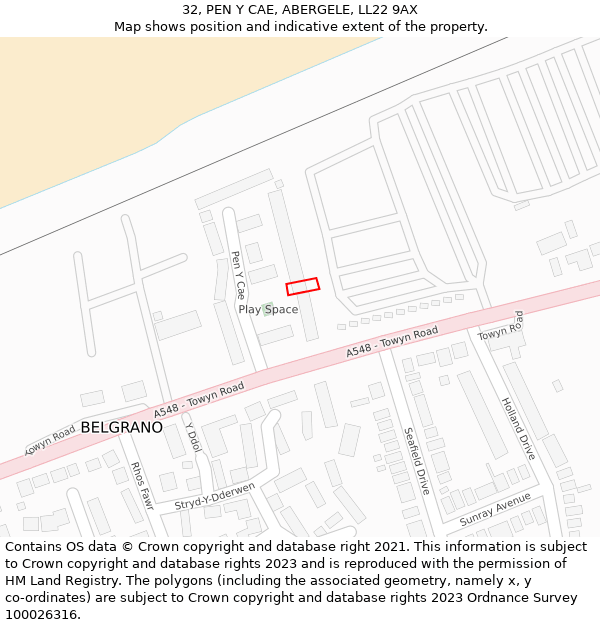 32, PEN Y CAE, ABERGELE, LL22 9AX: Location map and indicative extent of plot