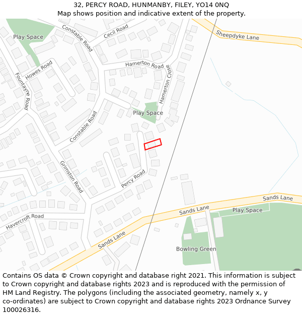 32, PERCY ROAD, HUNMANBY, FILEY, YO14 0NQ: Location map and indicative extent of plot