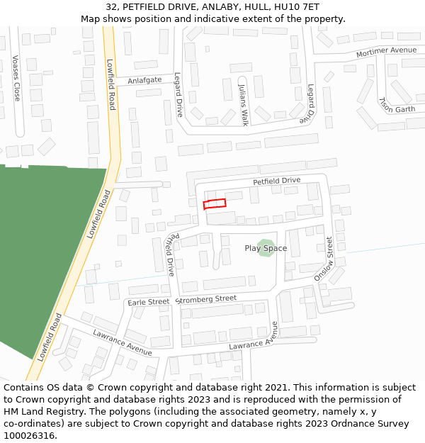 32, PETFIELD DRIVE, ANLABY, HULL, HU10 7ET: Location map and indicative extent of plot