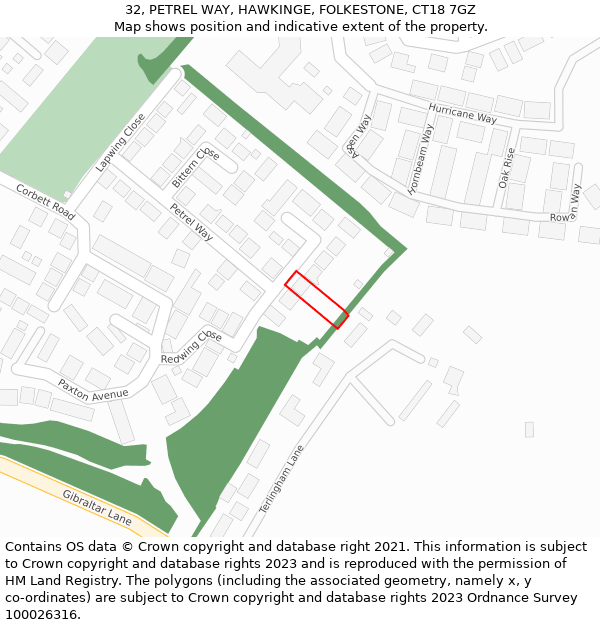 32, PETREL WAY, HAWKINGE, FOLKESTONE, CT18 7GZ: Location map and indicative extent of plot