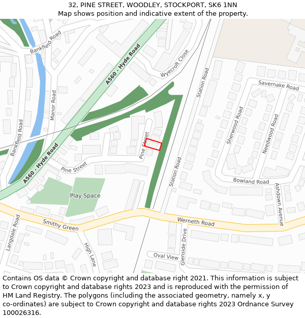 32, PINE STREET, WOODLEY, STOCKPORT, SK6 1NN: Location map and indicative extent of plot